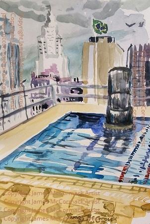G.
City Pool.
Watercolour .
A rooftop pool in downtown Sao Paulo City, Brazil, on top of a twelve floor sports and social club, (SESC 24 maio) by architect Paulo Mendes da Rocha, In the background is Banespa (  with flag, also known as Farol Santander), Martinelli,( just below Banespa, red).