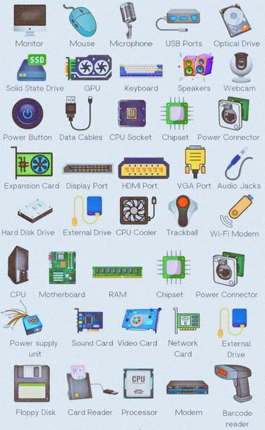 Computer parts, or hardware, are the physical components that make up a computer system, including internal parts like the CPU, RAM, and motherboard, as well as external devices like monitors, keyboards, and mice.
