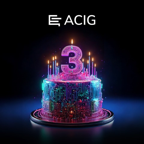 On a dark background a luminous cake made of computer processors on it chirps and the number 3. On top the logo of ACIG