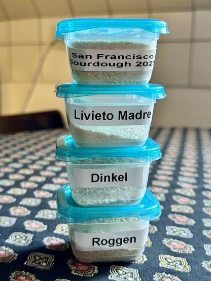 Das Foto zeigt 4 kleine Aufbewahrungsdöschen mit getrocknetem Sauerteigstarter auf einem Tisch. Zuoberst San Francisco Sourdough 2025, dann Lievieto Madre, Dinkel und zuletzt Roggen.
