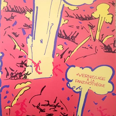 Détail de l'affiche sur le petit nuage précisant "+ vernissage à la fanzinothèque"