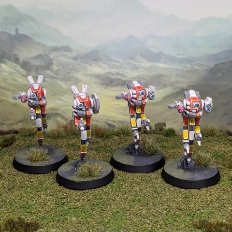 4 miniature drone figures. Small robots with 3 hanging arms below a main "head". Painted in orange, white and yellow.