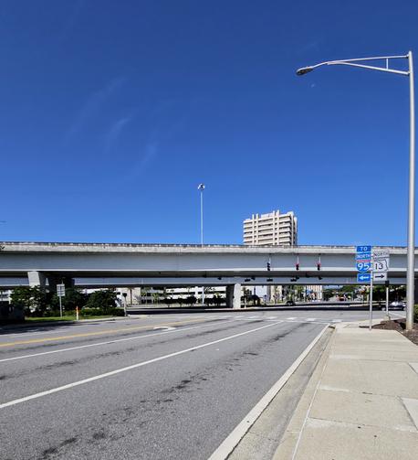 View approaching a highway bridge overpass.
