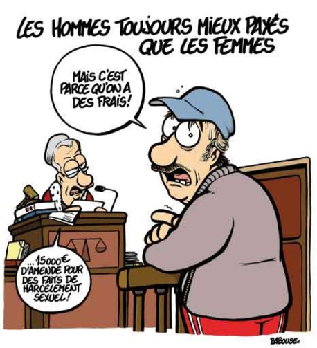 Dessin de Babouse ayant pour titre « Les hommes toujours mieux payés que les femmes » : Un homme est à la barre au tribunal se retourne et dit au lecteur : « Mais c’est parce qu’on a des frais ! ». La présidente prononce la sentence : «… 15 000 € d’amende pour des faits de harcèlement sexuel ! »