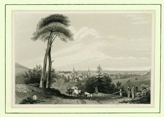 Graphik aus der Zeit um 1850, die einen Blick auf Ettlingen aus Richtung Osten zeigt. Im Vordergrund idyllische Landschaft mit unbefestigtem Weg, auf dem Vieh getrieben wird.