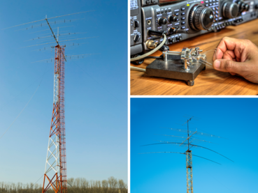 Ein Bildcollage aus drei Bildern. Ein Bild mit einem Mast und einer Antenne. Ein Bild mit einem Transceiver und einer Morsetaste. Das Letzte Bild zeigt nur die Antenne auf dem Mast.