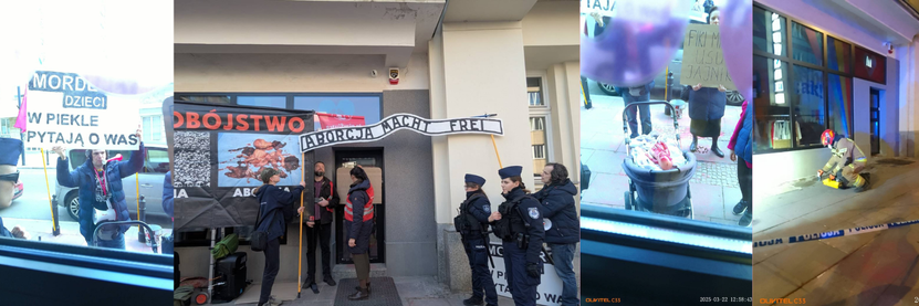 photos:

prostest, sing desinged like Auschwitz concentration camp "abortion macht frei" 

fire fighters cleaning acid
