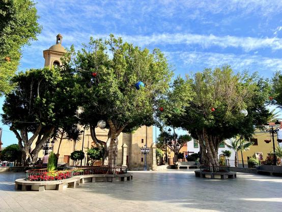 A small town with lots of charm: Agüimes, Gran Canaria. A winter day with blue skies all around, the town square with three large trees presiding it, and with the main church at the back. A continued bench to sit around the trees, plants and flowers, allowing you to flâneur into the late afternoon. Delightfully calm and peaceful 😍👍🏻