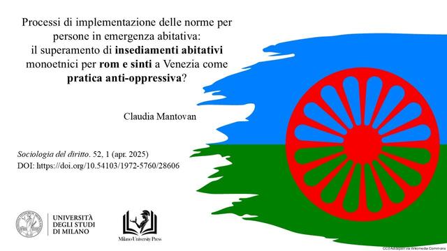 Claudia Mantovan 2025. “Processi di implementazione delle norme per persone in emergenza abitativa: il superamento di insediamenti abitativi monoetnici per rom e sinti a Venezia come pratica anti-oppressiva?” pubblicato in Sociologia del diritto. 52, 1 (apr. 2025) con DOI: https://doi.org/10.54103/1972-5760/28606.