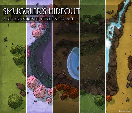 Collage of five pieces of a battlemap, POV top down. It's a portion of the woods in various iterations, with a surface level and a slope that leads to a small stop halfway through the hole, and then the bottom of the hole where there's a mine or a hideout depending of the variant of the map. We can see the five cuts include the woods being all green, with a river and waterfall or without it and instead a mine entrance, in autumn, raining or at night, and a feywild version (which has pink trees and blue grass hahah). On the top left corner there's the title of the map pack in white capital letters: SMUGGLER'S HIDEOUT AND ABANDONED MINE ENTRANCE.
On the bottom right corner you can see my logo of Blueberrymaps very, very tiny!