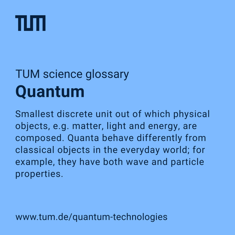 An educational graphic from the TUM (Technical University of Munich) science glossary. The image has a blue background with the TUM logo at the top. Below, the term 'Quantum' is defined in bold text as the smallest discrete unit of physical objects, including matter, light, and energy. The description explains that quanta behave differently from classical objects, exhibiting both wave and particle properties. A website link (www.tum.de/quantum-technologies) is provided at the bottom.