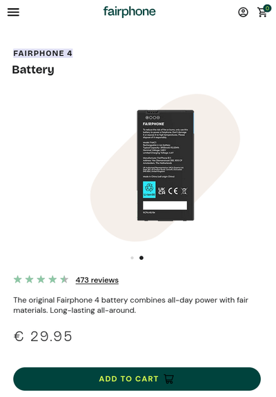 Fairphone 4 Battery
30 Euro
It's a blurry pic they put online but when scaled up in the browser it reads 3905 mAh capacity (not sure if this reflects the nature of the product)