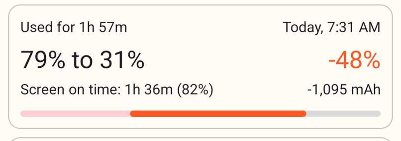 Screenshot of AccuBattery. My battery being used for 1h57m and going down -48% this morning