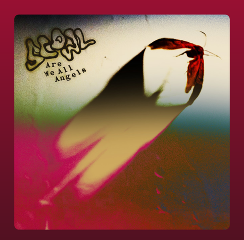 The album cover for Are We All Angels by Scowl features a surreal, dreamlike image with a red and golden gradient background. At the center, there's a blurred, elongated shadow of a moth or butterfly with a reddish hue on its wings, casting a dramatic silhouette. The band’s name, “Scowl,” appears in a wavy, graffiti-style font in the upper left corner, with the album title “Are We All Angels” typed below it in a typewriter-style font. The overall aesthetic is moody and abstract, evoking themes of transformation, mystery, and introspection.