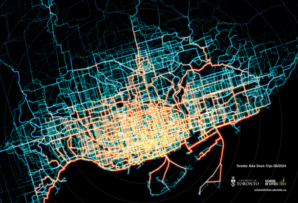 network heat-map showing patterns of where people tend to ride bike share in Toronto