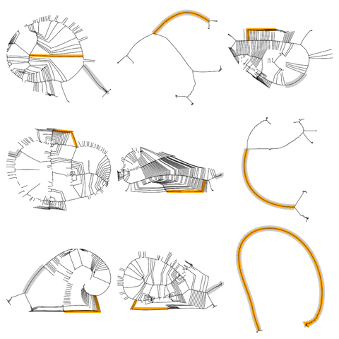 Code generated 3x3 grid of line based compositions on white background. Each composition has numerous thin, curved black lines, one thick orange line and one thicker gray line. The orange line highlights the longest contour. The gray line the contour with most segments. Some compositions are simpler, with few lines.

To me it appears like somewhere between organic and digital.