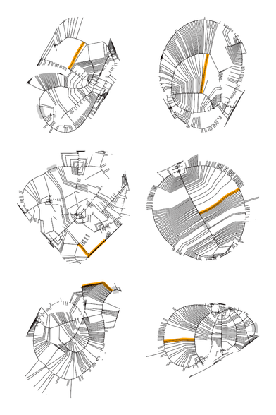 Code generated 2x3 grid of line based compositions on white background. Each composition has numerous thin, curved black lines, one thick orange line and one thicker gray line. The orange line highlights the longest contour. The gray line the contour with most segments. The compositions are more or less round.