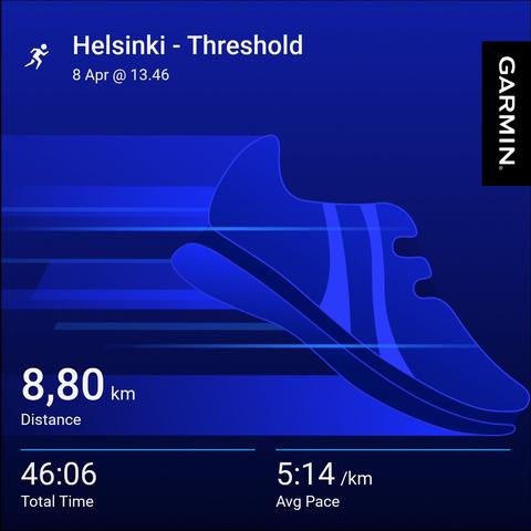 Juoksutilastot: matka 8,8 km, kesto 46:06, keskitahti 5:14 min/km.