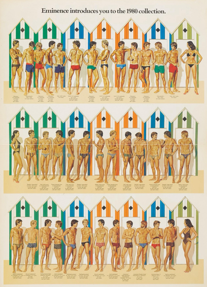 There are three rows of men dressed in bathing suits. All of them are white. On each row, they’re anchored by one woman.