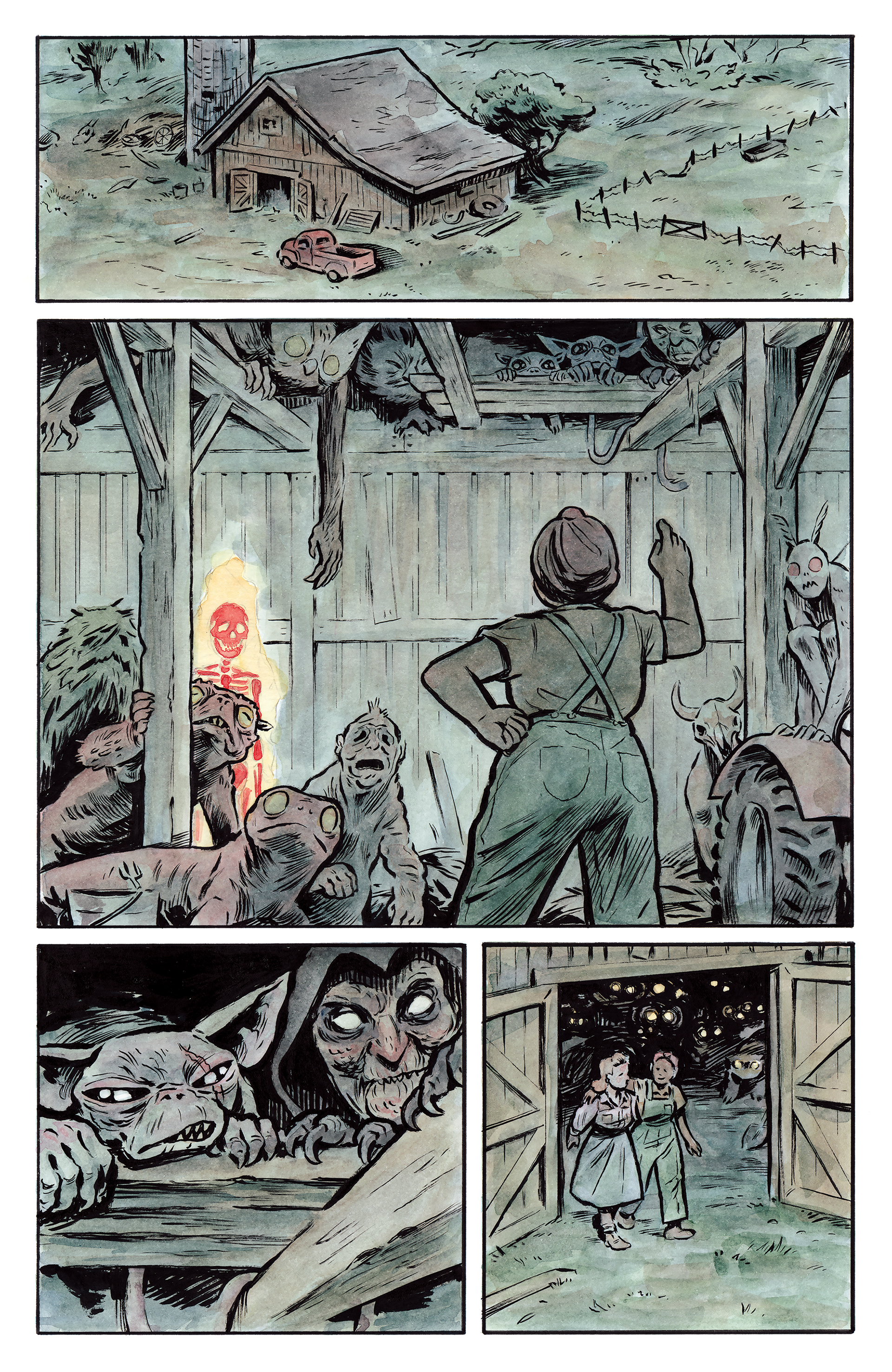 Ink and watercolor comic page featuring a barn filled with many supernatural creatures and two women telling them to behave before walking off. The color palette is primarily greens and dull, reddish browns