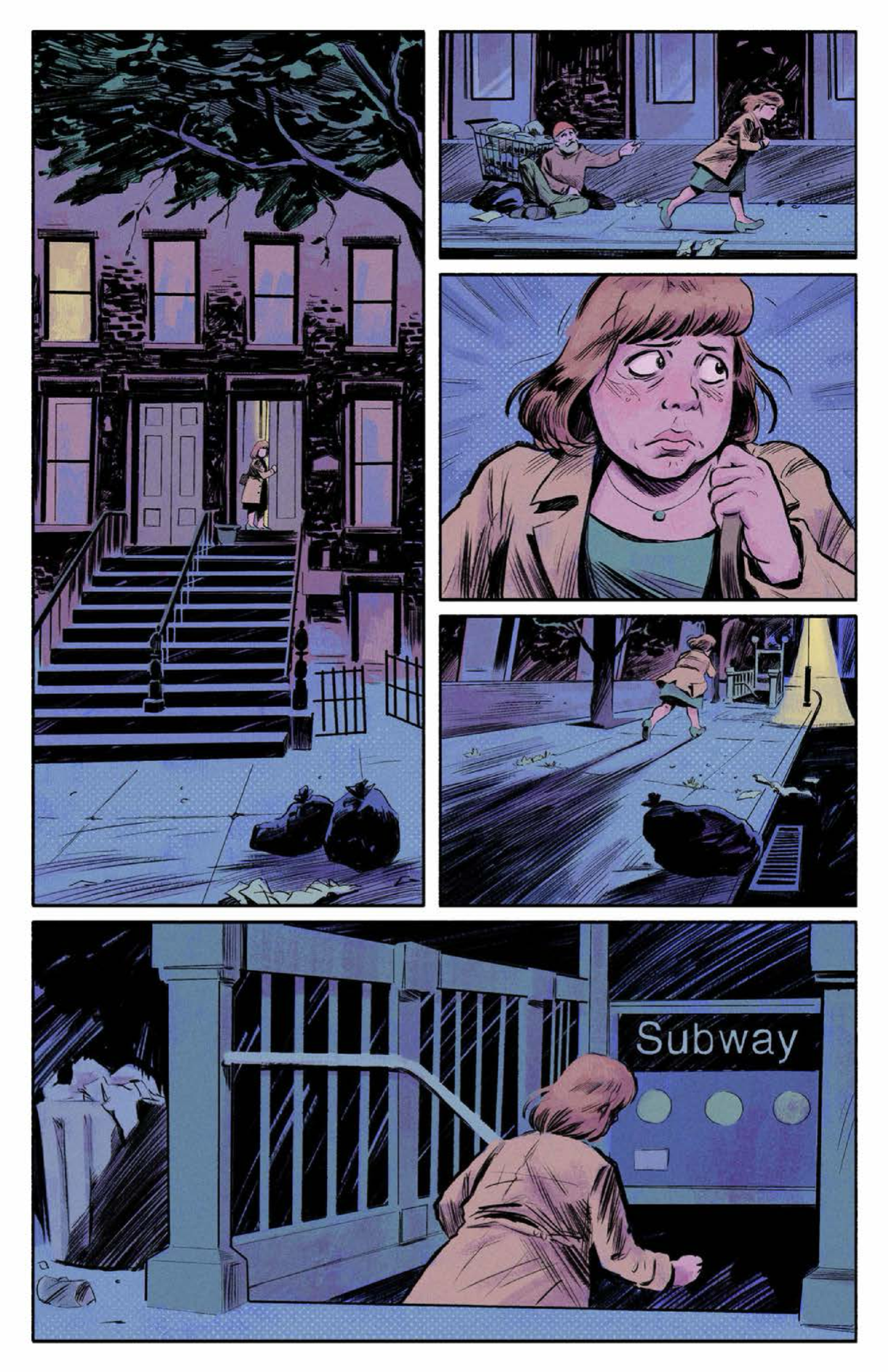 Digitally inked and colored comic page showing a woman nervously leaving her apartment and heading to the subway at night