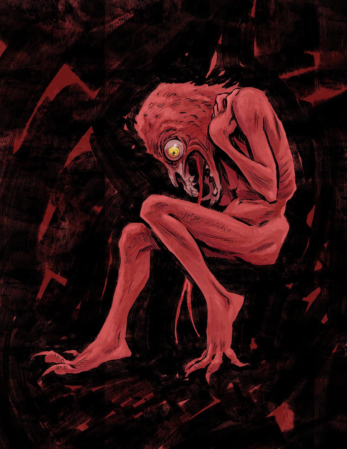 Black and red illustration of a monstrous, seated figure clutching at its throat. Its bird-like head features a large, yellow eye and an open mouth of exposed bone