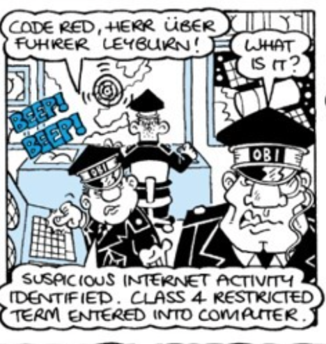 a panel from Viz comic's strip The Bottom Inspectors; a suspicious term has been entered on the internet and the Bottom Inspectors's systems have been alerted
