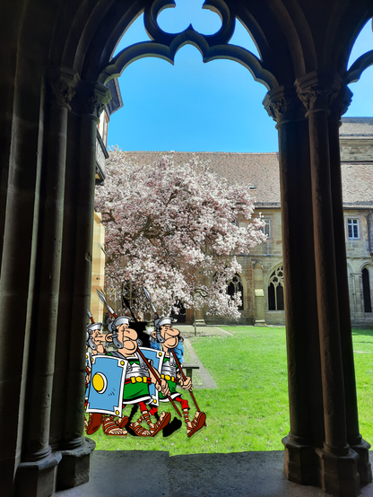 Blick durch ein Fenster des Kreuzganges: Römische Legionäre patrouillieren am blühenden Magnolienbaum vorbei.