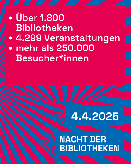 Grafik mit Text:
✔️ Über 1.800 registrierte Bibliotheken
✔️ 4.299 Veranstaltungen 
✔️ über 250.000 Besucher*innen 

Nacht der Bibliotheken