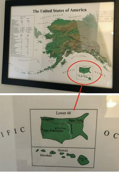So you know how on the map of the US, Alaska is kind of a tiny footnote despite the fact it's actually pretty large? Well, this is the opposite of that. Alaska is huge and well defined, but the US is tiny and a bit misshapen.
