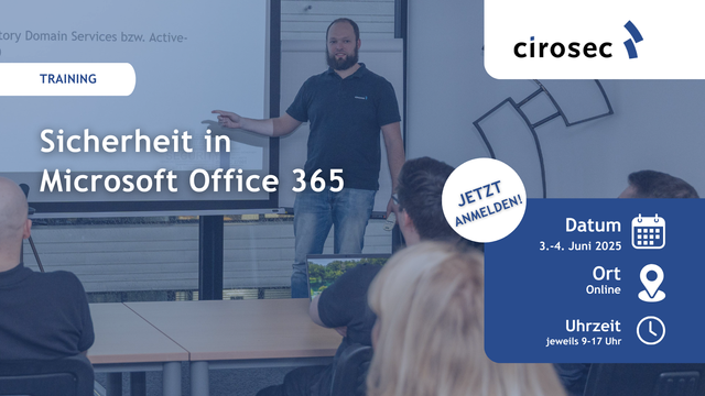 Um größtmögliche Sicherheit in der Cloud zu gewährleisten, ist es entscheidend, die spezifischen Bedrohungen und Risiken von Office 365 zu verstehen und die passenden Schutzmaßnahmen zu kennen.

Hierfür bieten wir unsere zweitägige Schulung "Sicherheit in Microsoft Office 365" an