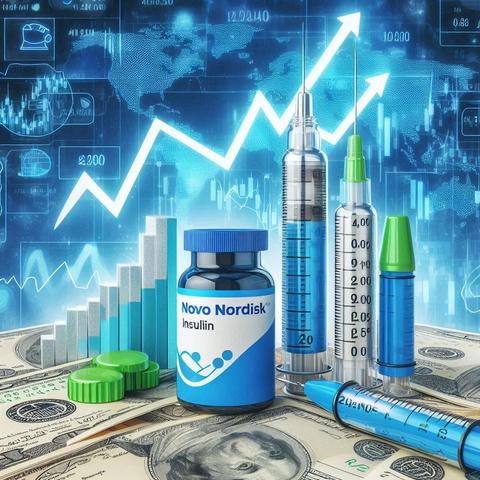 Novo Nordisk insulin and Ozempic symbolized with a rising stock price in the background