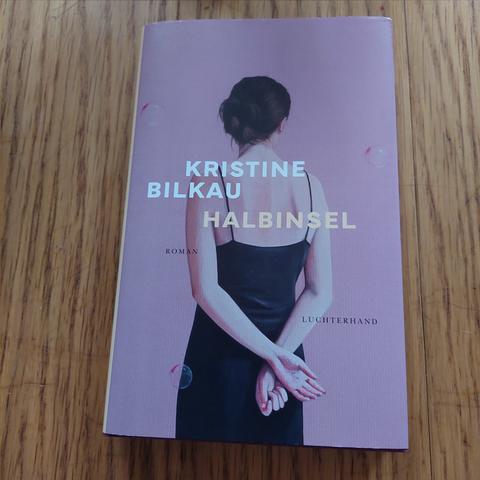 Das Buch "Halbinsel" von Kristine Bilkau liegt auf einen Holztisch. Das Cover ist rosa und zeigt eine Frau mit auf dem Rücken verschränkten Händen von hinten.