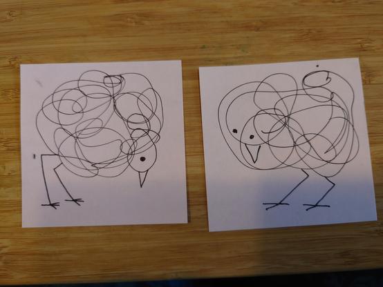 Two small paper squares, each with a tangle of lines drawn on them. The tangles have beaks, eyes and legs which make them look like weird birds.