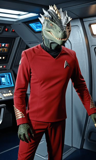 A Reptilian humanoid creature. He appears to be 6½ ft, or 2 meters tall. He has scaly skin, and no hair at all. He has sharp spikes running along the length of his head, as well as several other ridges. He appears to be grinning at, or attempting to intimidate the viewer. His teeth are extremely sharp. He has claws on the ends of his fingers, and webbing between the index and pinky fingers.
He wears a red uniform common to Star Trek: The Original Series, with an additional gauntlet on both his wrists.
He's looking to the right of the viewer.
He's standing in a non-specific room aboard what appears to be a Federation starship.