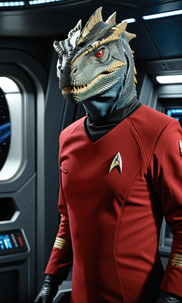 A Reptilian humanoid creature. He appears to be 6½ ft, or 2 meters tall. He has scaly skin, and no hair at all. He has sharp spikes running along the length of his head, as well as several other ridges. He appears to be grinning at, or attempting to intimidate the viewer. His teeth are extremely sharp. He has claws on the ends of his fingers, and webbing between the index and pinky fingers.
He wears a red uniform common to Star Trek: The Original Series, with an additional gauntlet on both his wrists.
He's looking to the left of the viewer.
He's standing in a non-specific room aboard what appears to be a Federation starship.