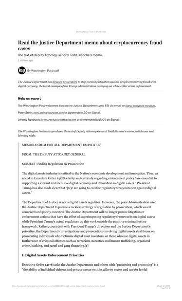 The complete text of Dpty AG Todd Blanche’s memo on ending prosecution of digital asset fraud p1