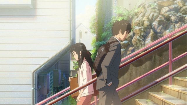 Se ve un dibujo de una mujer y un hombre en unas escaleras, yendo en dirección opuesta uno del otro. Un 8 de abril de 2022, Mitsuha y Taki finalmente se encuentran en la historia de Your Name (Kimi no Na wa)