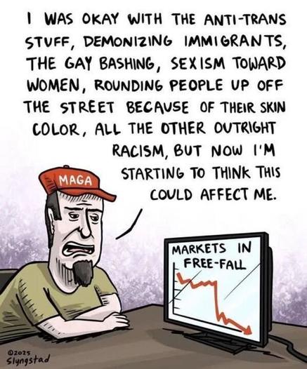 A political cartoon by Slyngstad, dated 2025, depicts a man wearing a red "MAGA" hat sitting at a desk, looking concerned. He has a beard and is speaking, with a speech bubble that reads: "I was okay with the anti-trans stuff, demonizing immigrants, the gay bashing, sexism toward women, rounding people up off the street because of their skin color, all the other outright racism, but now I'm starting to think this could affect me." In front of him is a computer monitor displaying a graph with a downward-trending red line and the headline "MARKETS IN FREE-FALL."