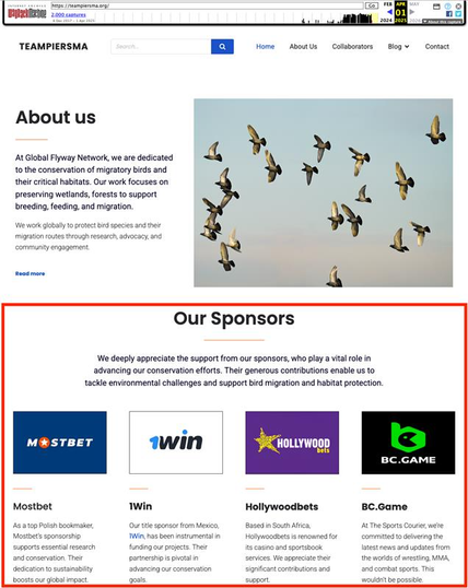 image of gambling actor purchased domain advertising gambling sponsors. the domain was originally for a non-profit.