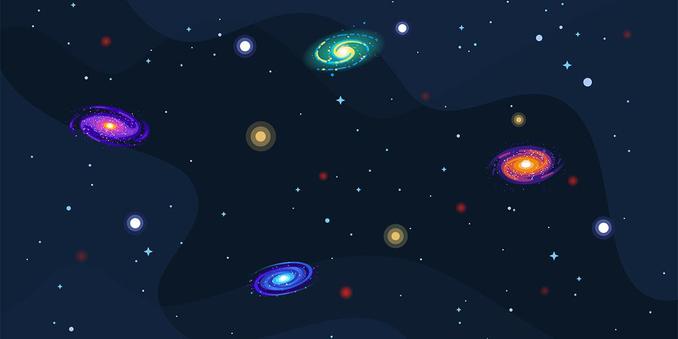 Illustration shows galaxies and stars, of various sizes and colors, against the black background of space.