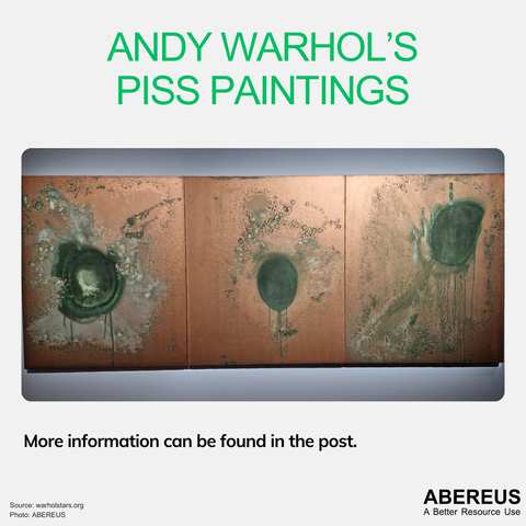 In the middle of the picture is a photo of the corrodated "paintings" of Andy Warhol. Above it is the text "Andy Warhol's piss paintings" and below is the logo of ABEREUS.
