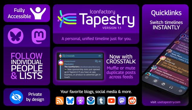 Graphic highlighting important features from Tapestry 1.1 including Quicklinks to switch timelines instantly, duplicate item removal via Crosstalk and following individual people and lists on Bluesky and Mastodon.