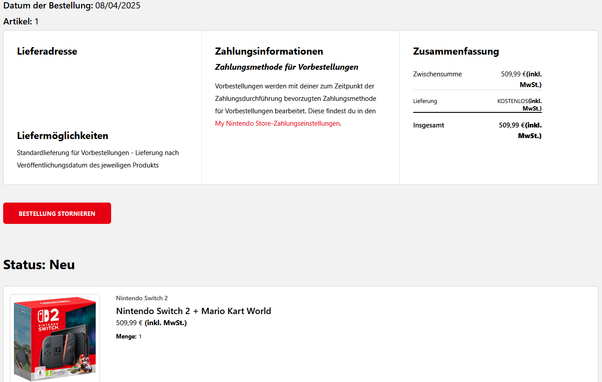 Screenshot einer Switch 2 Bestellung aus dem Nintendo Store