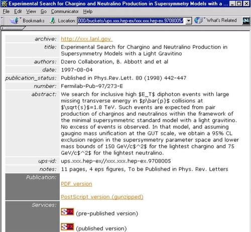 screenshot of a preprint metadata record displayed by the Universal Preprint Service prototype created in preparation of the October 1999 Santa Fe Meeting of the Open Archives Initiative