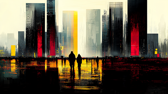 Reflets de Demain.
Peinture abstraite d'une ville futuriste avec silhouettes et reflets lumineux rouge et or.
Abstract painting of a futuristic city with silhouettes and glowing red and gold reflections.
