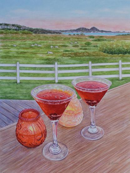 Watercolor painting of two large cocktails and two candles on a table. Overlooking a meadow with sheep, white fence, Point Lobos in the distance.