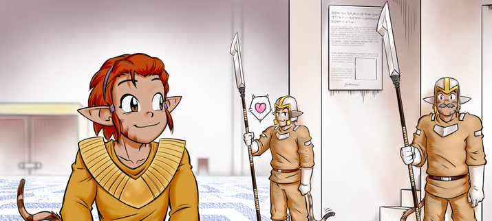 Teaser panel from my webcomic Katran.
Nirrod looks with a big smirk slightly over his left shoulder at the guards at the background knowing that they look at him.
He is confident that his disguise is perfect.