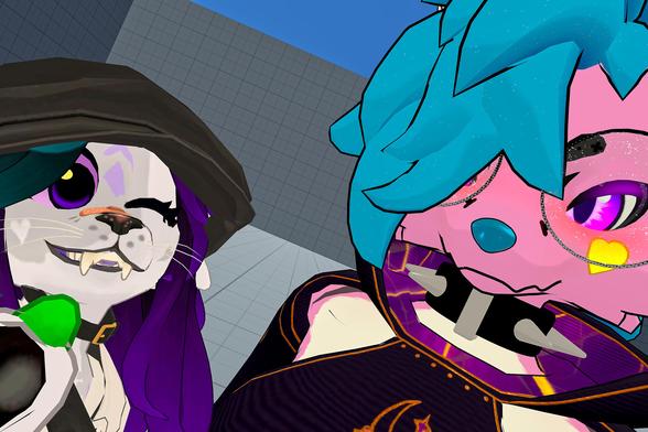 The photo shows two stylized cartoon characters, possibly avatars from a virtual world or video game, posing for a selfie. One character is a seal-like creature wearing a dark hat and purple hair, while the other is a pink creature with teal hair and a punk-inspired outfit. They appear to be friendly and are close together in the frame.
