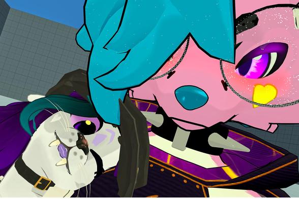 The photo shows two stylized cartoon characters, possibly avatars from a virtual world or video game, posing for a selfie. One character is a seal-like creature wearing a dark hat and purple hair, while the other is a pink creature with teal hair and a punk-inspired outfit. They appear to be friendly and are close together in the frame.